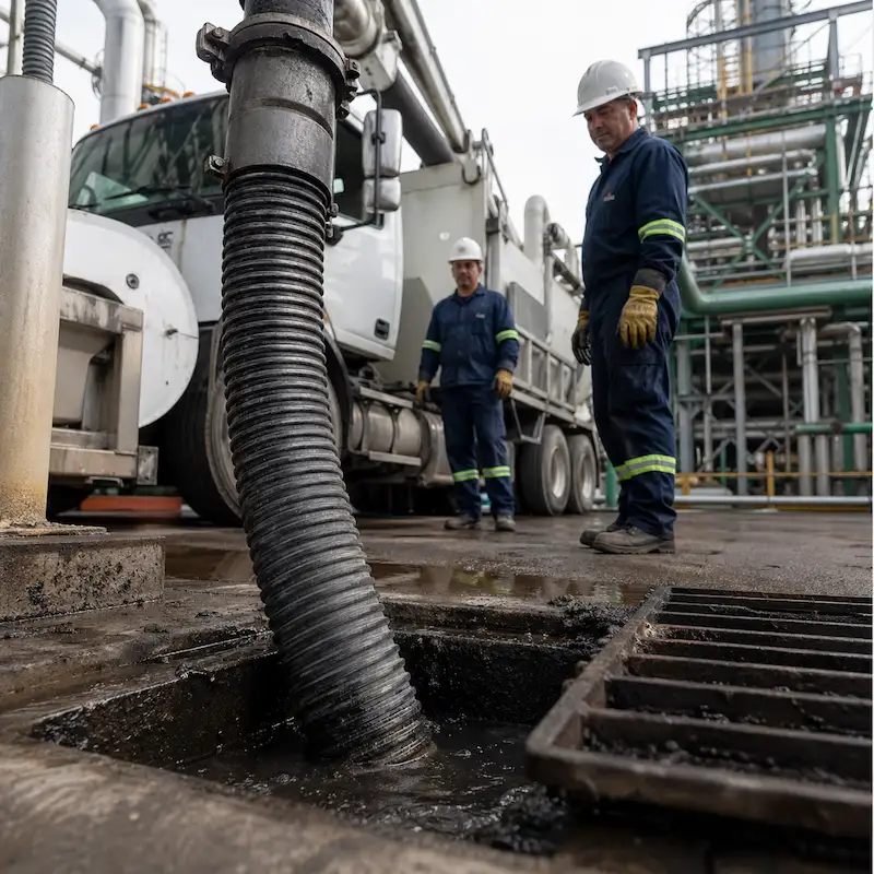 Desazolve de drenaje industrial con camión en planta de Puebla
