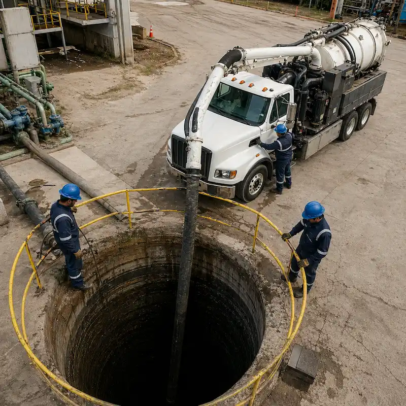 Fosa séptica industrial con sedimento visible en Puebla